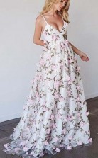 A Line Deep V Neck Sweep Train Pink Tulle Prom Dress with Flowers JTA7771