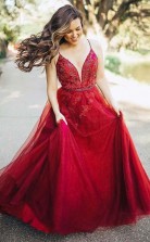 A Line Spaghetti Straps Burgundy Prom Party Dress with Appliques Beading JTA7791