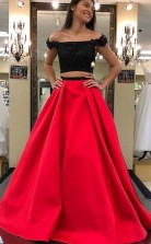 Two Piece Off-the-Shoulder Red Prom Dress with Beading Flowers JTA7801