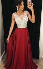 A Line V Neck Sweep Train Red Satin Prom Dress with Beading JTA7861