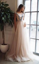 A Line Illusion Neck Pink Sweep Train Backless Prom Dress with Appliques JTA7901