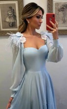 Sky Blue Long Chiffon Prom Dress with Sleeves Formal Dress JTA8031