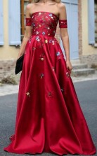 Strapless Red Sweep Train Short Sleeves Prom Dress with Appliques JTA8211