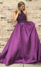 High Neck Purple Long Prom Dress Beaded Elegant Junior Prom Dress JTA8391