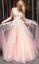 Princess A Line Pink Long Prom Dress with White Lace Appliques JTA8571