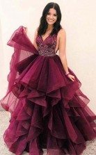 A Line Deep V Neck Purple Tulle Backless Beaded Prom Dress with Ruffles JTA8811