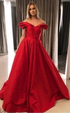 A Line Satin Off the Shoulder Ruched Long Red Prom Evening Dress JTA8831