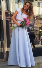 Two Piece Floor-Length Blue Satin Cap Sleeves Prom Dress with Appliques JTA8871