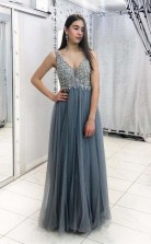 Grey Beaded Long Prom Dress V Neck Tulle Long Evening Dress   JTA8901