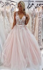 Charming V Neck Floor-Length Pink Tulle Prom Dress with Appliques Beading JTA8991