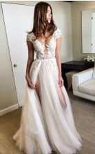 Cap Sleeve Deep V Neck Prom Dress With Appliques Sexy Split Prom Dress JTA9021