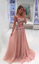 A Line Straps Appliqued Prom Dress Cheap Sweep Train Tulle Evening Dress  JTA9041