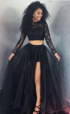 Two Pieces Black A Line Long Sleeve O-Neck Long Prom Dress  JTA9121