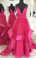 A Line Fuchsia Tulle Deep V Neck Backless Long Prom Evening Dress JTA9171