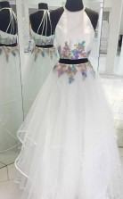 White Two Piece Halter Tulle Appliques Long Prom Formal Dress JTA9191