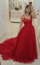 Red Spaghettis Traps Deep V Neck Tulle Backless Prom Formal Dress JTA9201