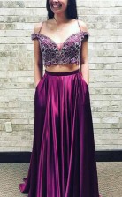 A Line Satin Purple Spaghetti Straps Two Piece Prom Evening Dress JTA9231