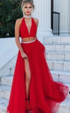 Gorgeous Two Piece Red Tulle Halter Long Prom Dress With Slit  JTA9261