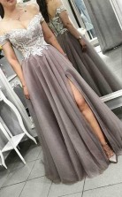 Gray Tulle Off The Shoulder Lace Bodice Prom Gowns With Split Prom Dress  JTA9281