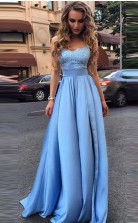 Simple Strapless Lace Bodice Sweetheart A Line Long Evening Prom Dress JTA9451