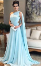 Light Blue One Shoulder Chiffon Pleats Sheer Illusion Back Prom Gown JTA9771