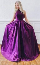 A Line Purple Satin Backless Long Crossed Straps Prom Formal Dress JTA9871