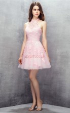 Blushing Pink Taffeta Lace A-line Halter Sleeveless Cocktail Dress(JT4-LFDZD147)