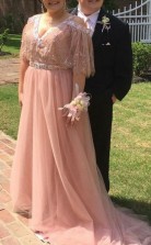 Nude Pink Lace Tulle A-line V-neck Short Sleeve Floor-length Plus Size Prom Dress(PRPSD04-097)
