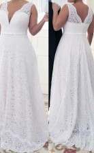 White Lace A-line V-neck Sleeveless Floor-length Plus Size Prom Dress(PRPSD04-107)