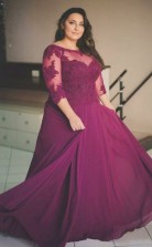 Dark Fuchsia Lace Chiffon A-line Illusion Half Sleeve Floor-length Plus Size Prom Dress(PRPSD04-119)
