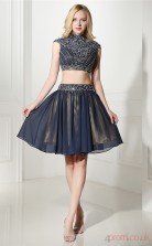 Navy Blue Chiffon Sequined A-line Halter Sleeveless Two Piece Prom Dresses(JT4-06417)