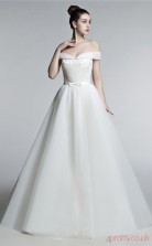 Ivory Tulle A-line Off The Shoulder Short Sleeve Prom Dresses(JT4-3005)