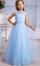 Light Blue V Neck Junior and Children Bridesmaid Dress BCH067