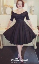 Black Vintage Black Half Sleeve 50s Tea Length Short Wedding Dress BWD085