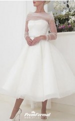 Tea Length Long Sleeve Vintage Little White Dress 1950s Wedding Dress BWD231