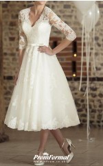 V Neck Tea Length Lace Half Sleeve Vintage Little White Dress 1950s Illusion Sleeve Wedding Dress BWD233