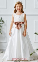 White Taffeta Lace Jewel Sleeveless Floor-length A-line Children's Prom Dress (FGD316)