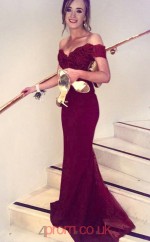 Dark Burgundy Lace Tulle Off The Shoulder Short Sleeve Trumpet/Mermaid Long Celebrity Dress(JT3711)