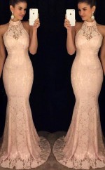 Elegant Mermaid Halter Open Back Peach Lace Long Prom Dress JTA7661