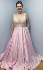 Simple Pink Satin Long Prom Dress with Pockets Beaded Plus Size JTA8381