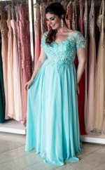 Cyan Chiffon A-line V-neck Short Sleeve Floor-length Plus Size Prom Dress(PRPSD04-106)
