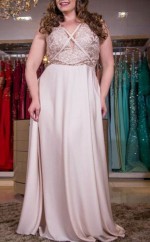 Silver Charmeuse Lace A-line V-neck Sleeveless Floor-length Plus Size Prom Dress(PRPSD04-120)