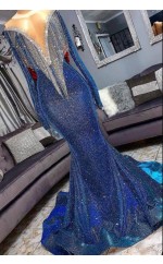 Luxurious Mermaid Sequins Long Sleevess Sheer Neckline Celebrity Gowns Prom Dress JTC001