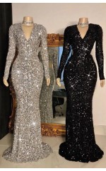 Sexy V Neck Silver Black Crystal Sequins Long Sleevess Mermaid Prom Dress JTC003