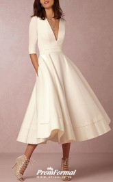 V Neck Tea Length Satin Half Sleeve Casual Vintage Little White Dress 1950s Wedding Dress BWD229
