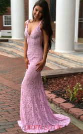 Pink Lace V-neck Trumpet/Mermaid Long Sex Prom Dress(JT3744)