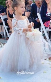 Ivory Long Sleeves Tulle Kids Prom Dress with Train ACH003