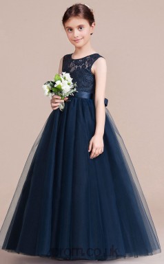 Special Offer! A-line Jewel Sleeveless Navy Blue Tulle Floor-length Children's Prom Dress(AHC053)