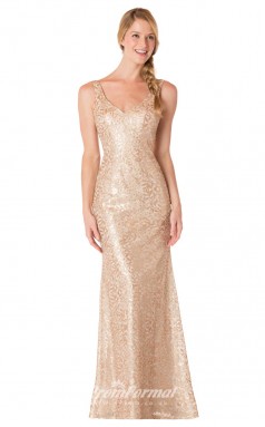 1733UK2155 Mermaid/Trumpet V Neck Gold Lace Mid Back Bridesmaid Dresses