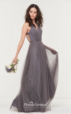 BDUK2168 A Line Dim Gray Tulle V Neck Floor Length Bridesmaid Dress
